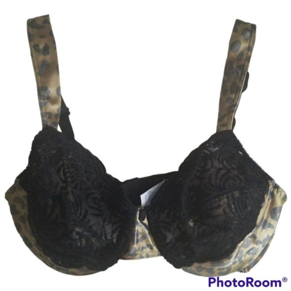 Sears Black Lace & Olive Leopard Print Underwire Bra